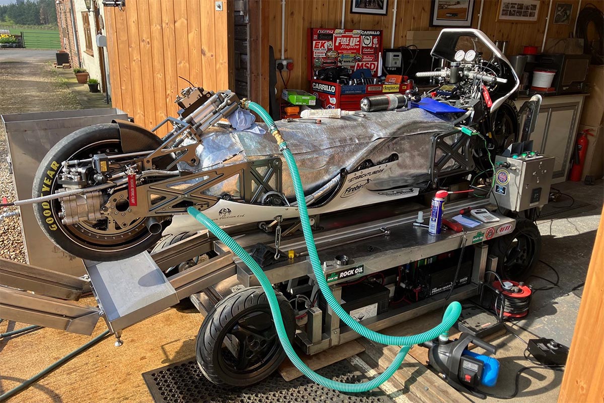 Instead of an engine there is steam to launch the motorcycle at incredible speeds